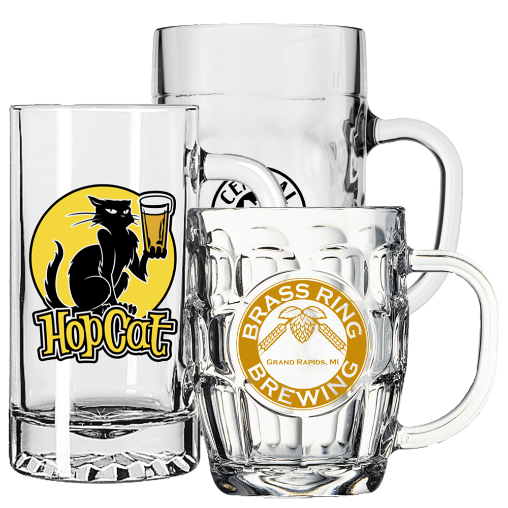 Order Custom Printed Glass Beer Mugs Branded with Logos and More in Bulk, with Wholesale Pricing - BeerCityGlass.com