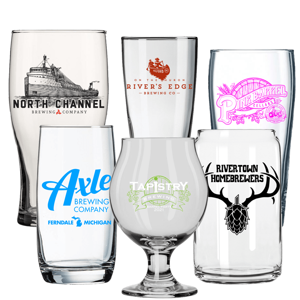 Custom Printed Pint Glasses and Drinkware Custom Pint Glasses, Beer Can Glasses and Drinkware, Branded with Logos and More, Screen Printed in Bulk at Wholesale Prices - BeerCityGlass.com