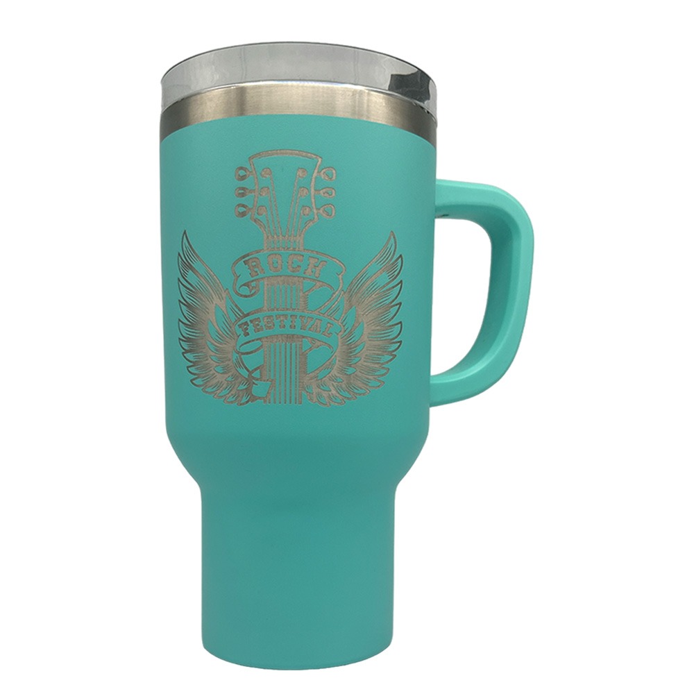 Order Custom Etched Stainless Steel Large Tumbler Cups 40oz with Handle, in various colors, lids included, at bulk, wholesale prices - BeerCityGlass.com
