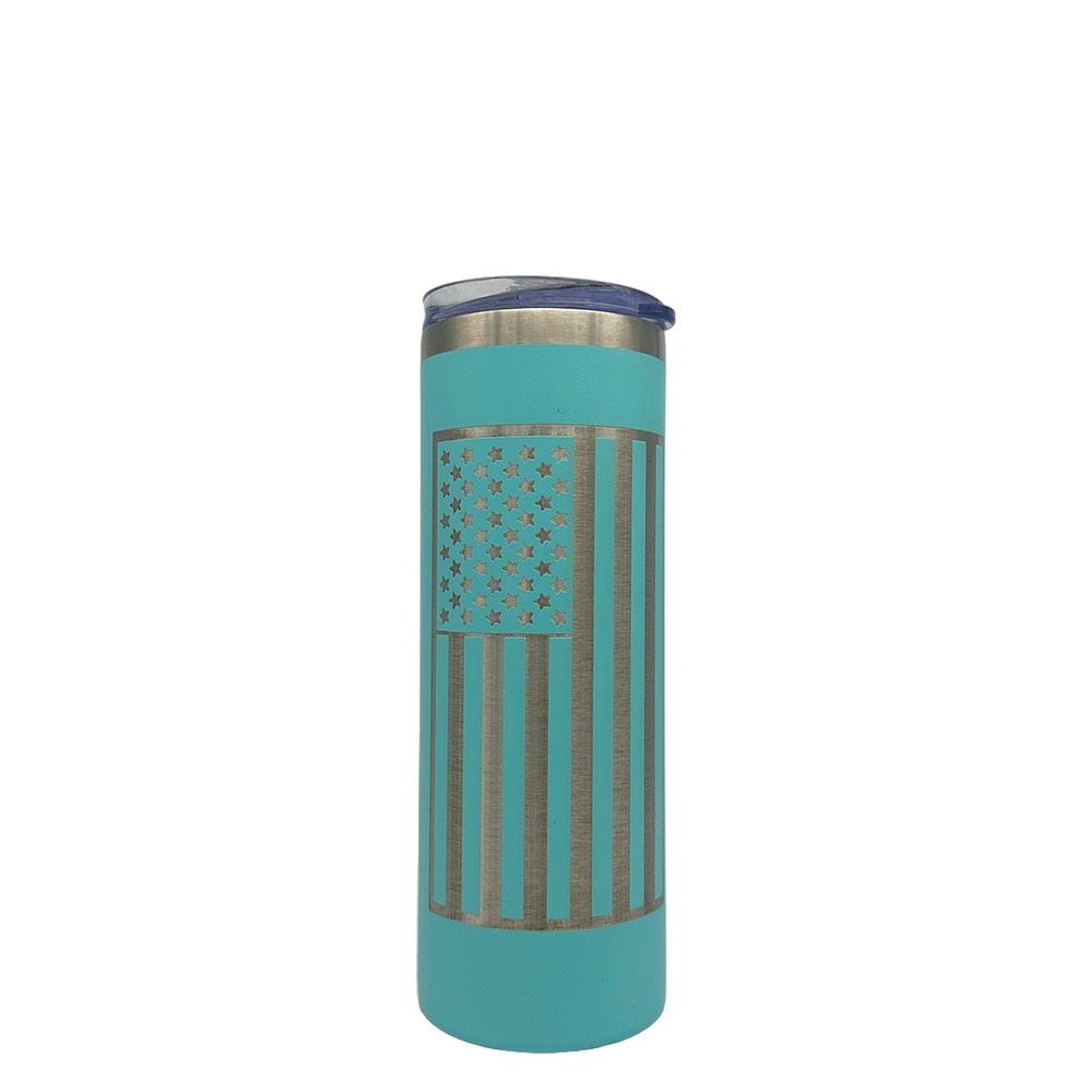 Order Custom Etched Stainless Steel Skinny Tumbler Cups 20oz in various colors, lids included, at bulk, wholesale prices - BeerCityGlass.com