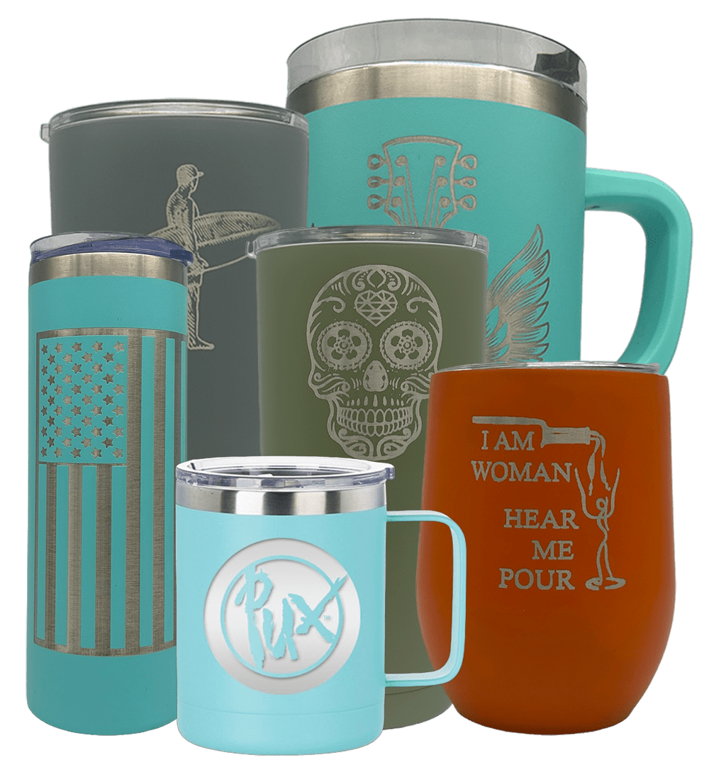 Order Custom Etched Stainless steel Tumbler Cups in Bulk. Large and Small Sizes in Various Colors at Wholesale Quantities and Prices - BeerCityGlass.com